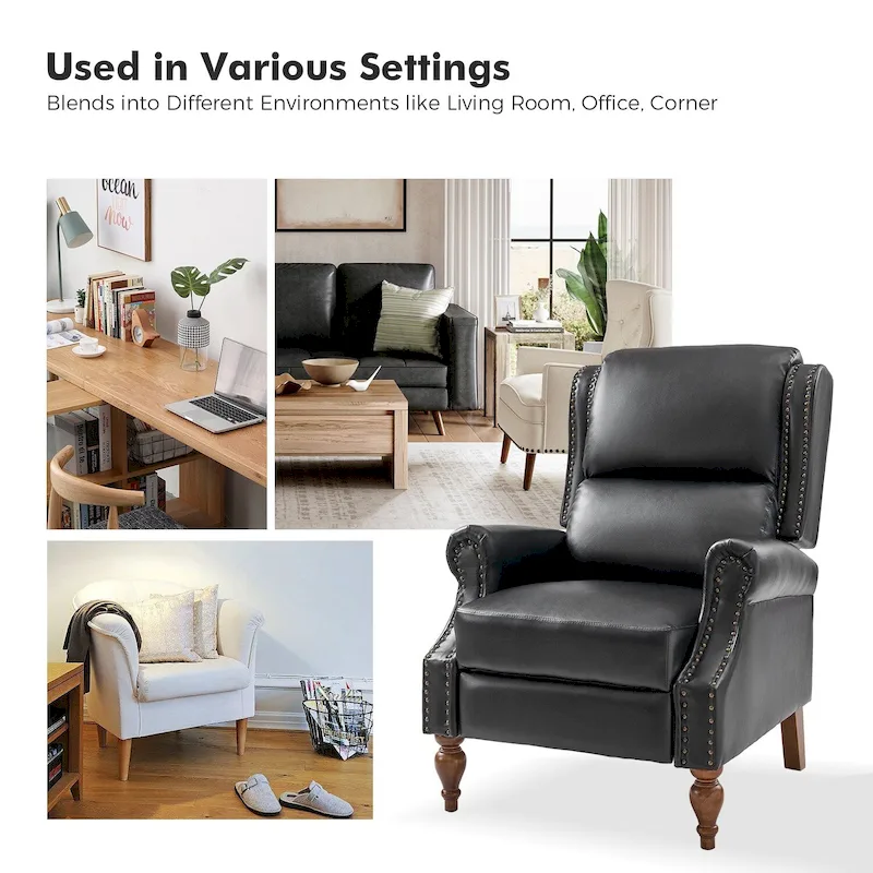 Traditional Vegan Leather Manual Push-Back Recliner, Padded Armrests, Solid Wood Legs, Living Room