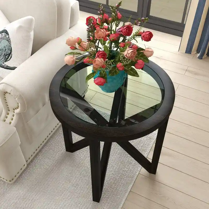 Black / Brown, Round / Oval Tempered Glass Coffee Table with Solid Wood Base