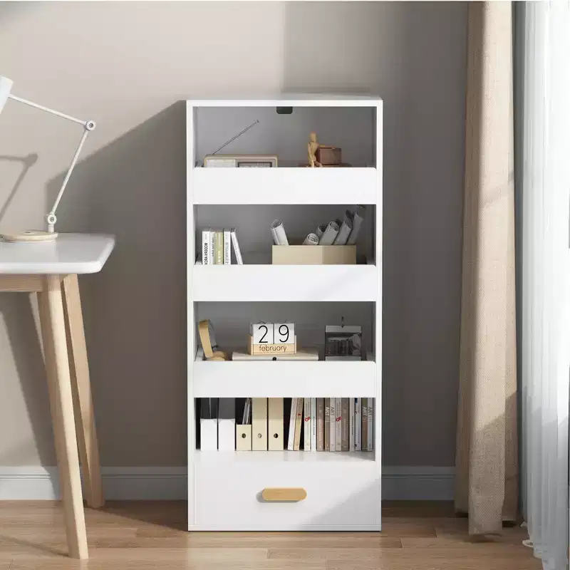 4-Tier Freestanding Bookshelf with 3 Sliding Drawers and 1 Bottom Drawer, Tall Storage Cabinet for Bedroom, Living Room or Office