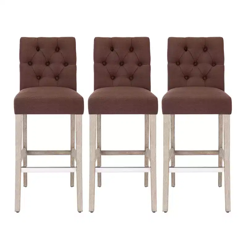WestinTrends Hayes 29 Linen Fabric Tufted Bar Stool (Set of 3), Antique Gray, Brown