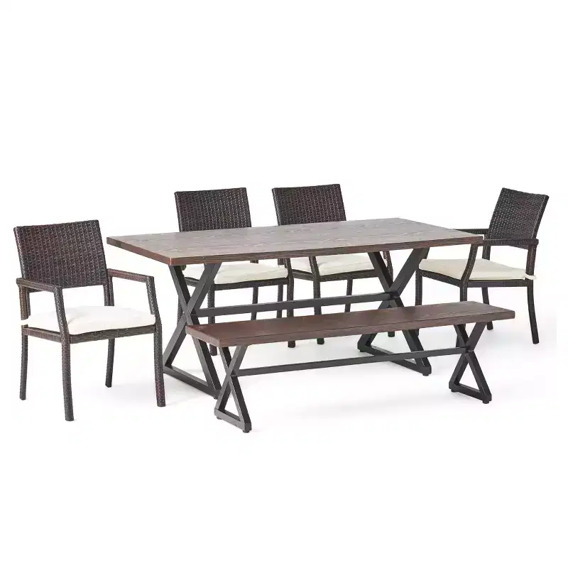Christopher Knight Home Aisha Outdoor Wicker and Aluminum 6 Piece Dining Set with Bench, Multibrown/Brown