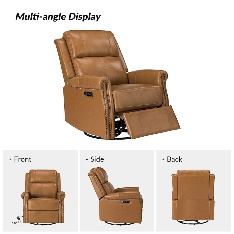 Renato Traditional Genuine Leather Nailhead Power Swivel Recliner Chair with Metal Base Set of 2 by HULALA HOME