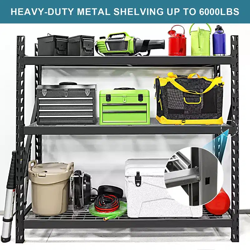 3-Tier Heavy Duty Garage Shelving Rack - 6000 lb Capacity, Adjustable Height, Black