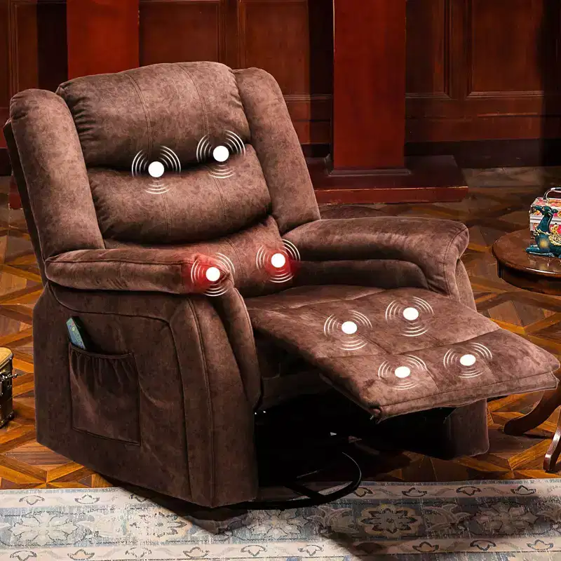 COMHOMA Side Lever Recliner Chair with Heat and Massage 360 Degree Swivel Fabric Rocking Recliner Brown