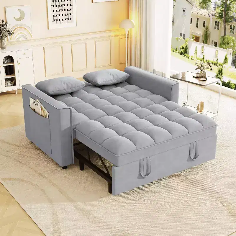 Modern Velvet Sleeper Sofa Couch with Pull Out Bed, Pillows and Side Pockets for Small Spaces, Light Gray