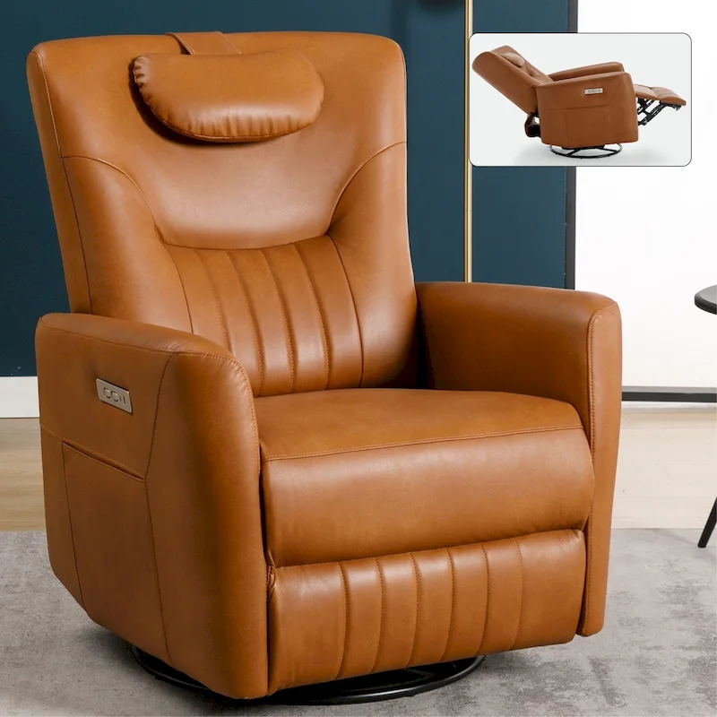 Beige Power Recliner Chair with 270 Swivel, Rocking Motion, Lumbar & Neck Support Pillow, USB & Type-C Ports