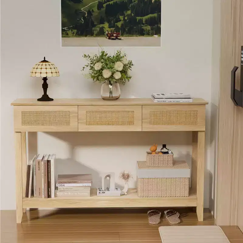 VINGLI 51 Console Table with Drawers, Rattan Entryway Table with Storage Shelf, Boho Narrow Sofa Table for Living Room, Natural Rattan