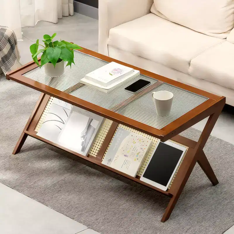 MAYEERTY Rattan Coffee Tables for Living Room Mid Century Modern Boho Coffee Table with Glass Top Brown