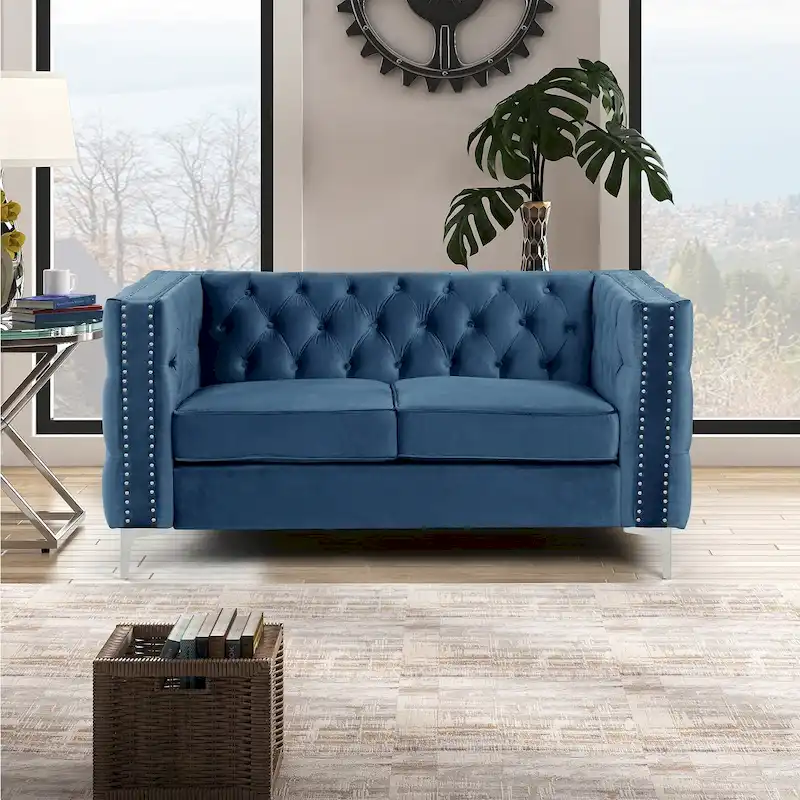 Dutch Velvet Loveseat with Button Tufting and Iron Legs – Blue / Grey / Beige, 2-Person Use