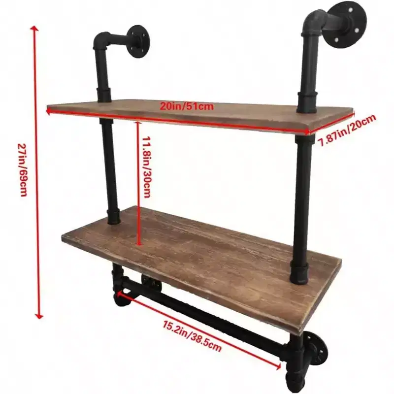 Industrial Pipe Shelf 2 Tiered Metal Towel Racks Bathroom 20 Inch Rustic Wood Wall Mount Shelf with Bar Iron Towel Holder