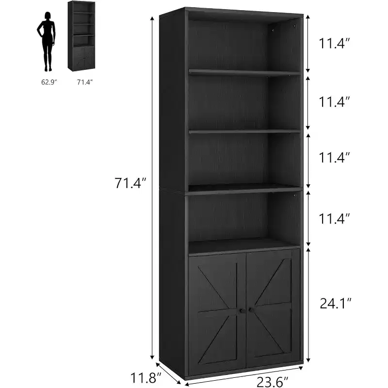 Industrial Black Bookcase with Doors, 5-Shelf Storage, 11.8in Depth, 71.4in Tall, for Bedroom/Living Room/Office