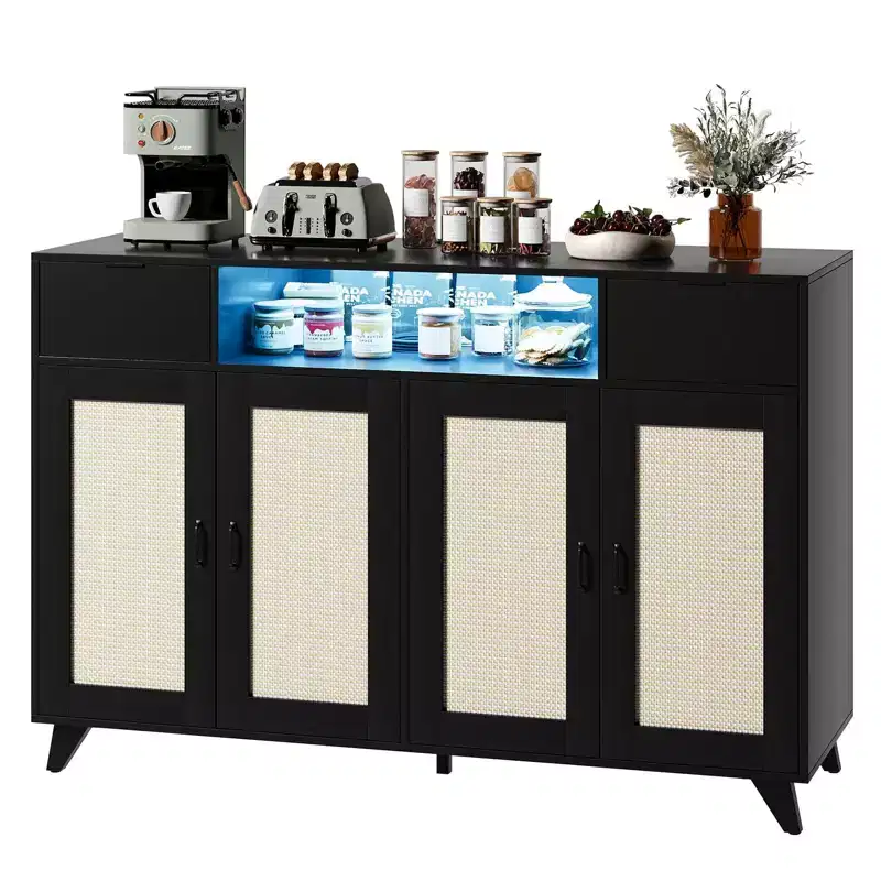 Rattan Cabinet Sideboard Buffet, with 2 Drawers, Power Outlet & LED Lights for Dining Room, Black