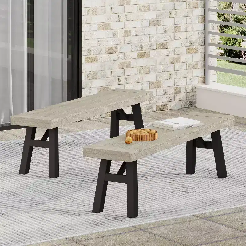 Christopher Knight Home 2pc Bettina Acacia Wood Outdoor Dining Benches Light Gray Wash/Black