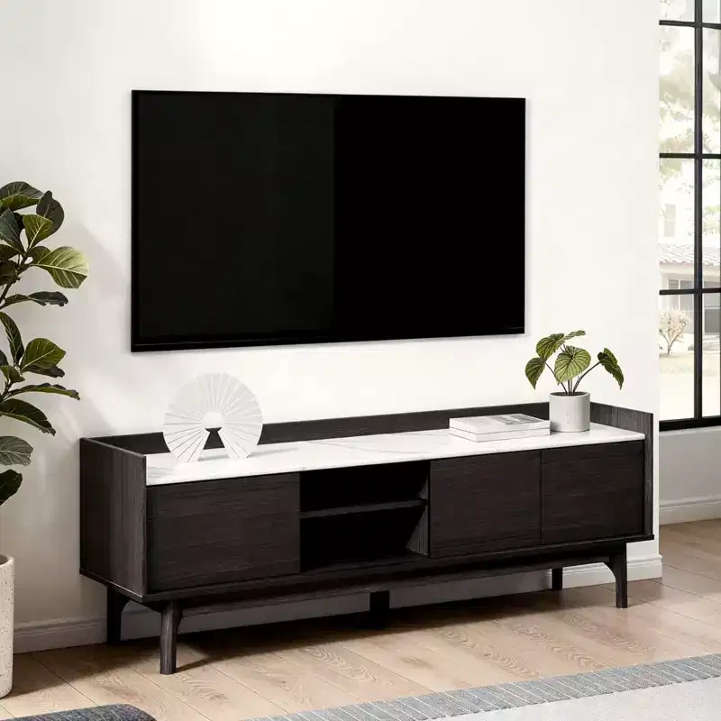LuxenHome 63 Black TV Stand for TVs up to 65, Faux Marble-Top Media Console Brown