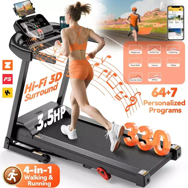 3.55HP Treadmill clearance w/10% Incline 320lb Capacity,Foldable Home 7.5MPH Treadmill,71 Smart Program, APP Control Jogging Walking w/ Free Knee Pads