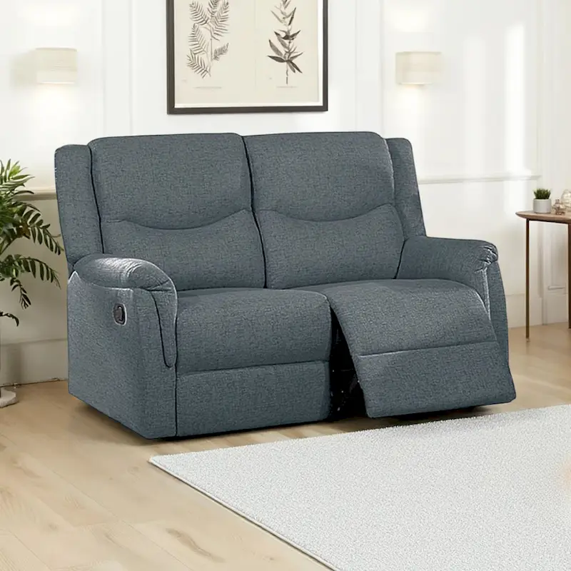 Ammy Manual Recliner Loveseat, 53in Solid Wood, Dark Gray Faux Burlap