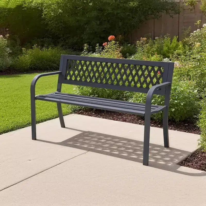 Dyonery iron frame bench is made of solid metal and features a geometric hollowed-out design, making it suitable for gardens, courtyards, and terraces