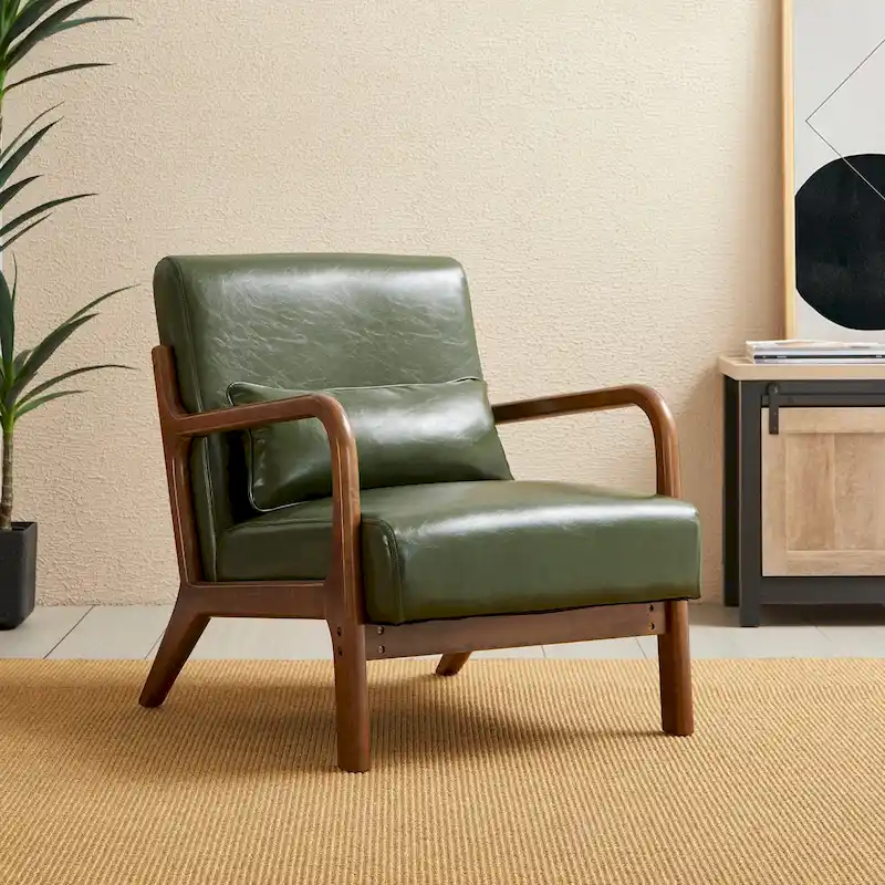 Glitzhome 30.75H Mid-Century Modern PU Leather Armchair Accent Chair with Pillow - 25.75W x 33.75D x 30.75H