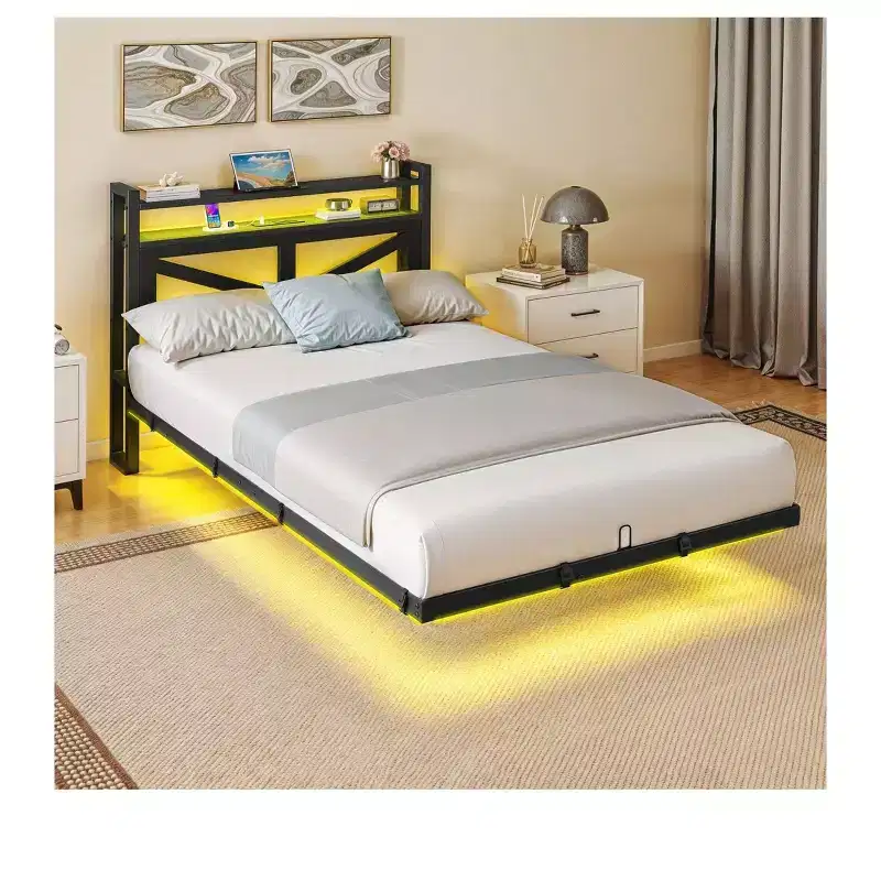 Twin Size LED Metal Floating Bed Frame with Charging Station - Heavy Duty Platform Bed