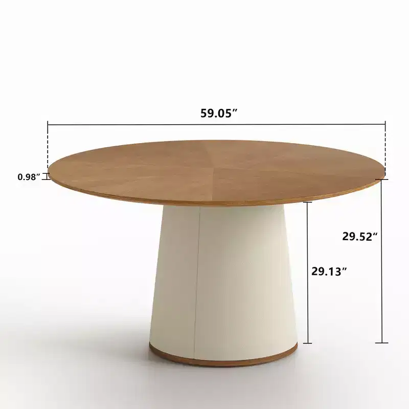 59 Inch Round Dining Table with Solid Wood Base and Faux Leather Wrapped Pedestal, Modern Kitchen Table for Dining Room