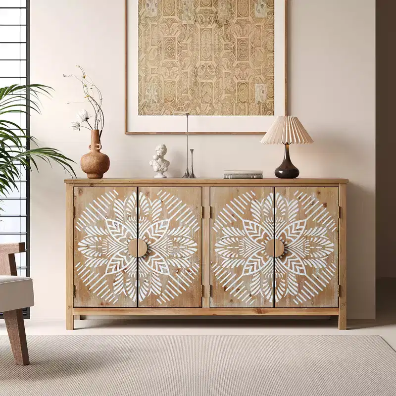 GDFStudio Andre Farmhouse Fir Wood 60.00'' Storage Console Cabinet with 4 Doors