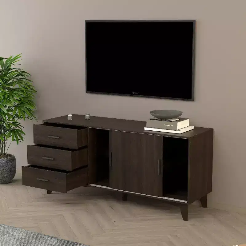 TV Stand with Sliding Doors and Drawers in Dark Brown