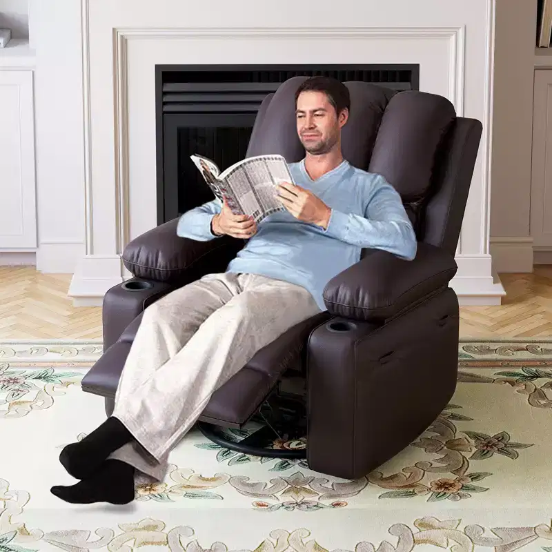 360 Swivel Recliner Chair with Massage PU Leather Manual Reclining Sofa, Cup Holders & Side Pocket, for Living Room