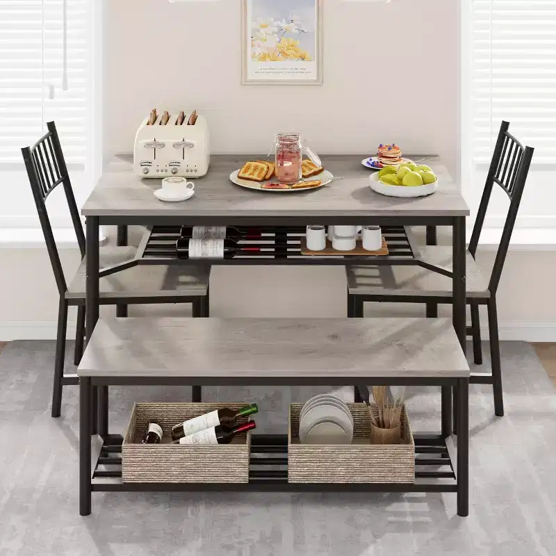 CuisinSmart Dining Table Set for 4 with Bench and 2 Chairs, Rectangular Kitchen Table Set with Wine Rack and Storage Benches