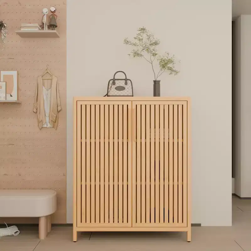 Okak Bamboo Shoe Cabinet, Narrow Shoe Rack with 2 Doors and 3 Shelves, Shoe Storage for Entryway, Foyer, Hallway, Bedroom