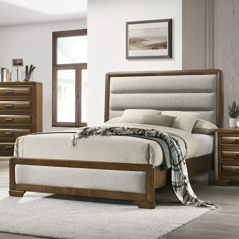 Brown Solid Wood Channel Fabric Panel Bed