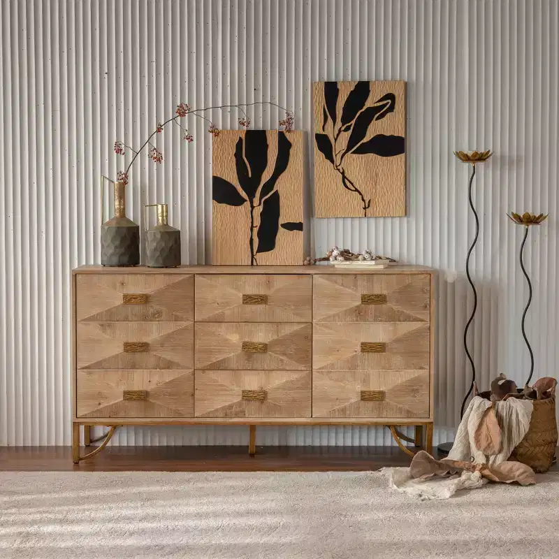 59.44-inch Wooden Sideboard, Three-Drawer Storage Cabinet with Geometric Relief, Suitable for Dining Rooms, Wood-Tone Finish