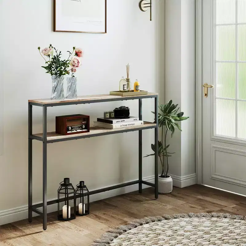 LEDREM Heather Greige and Ink Black Console Table. A 2 - Tier, 7.9 x 39.4 x 31.5 - Inch Narrow Entryway Table with 2 Shelves. Sofa Table