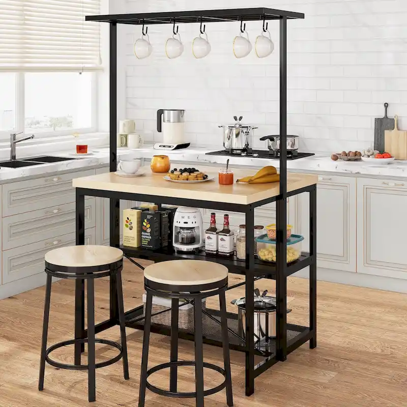Kitchen Island Table with Storage Shelves and Hooks