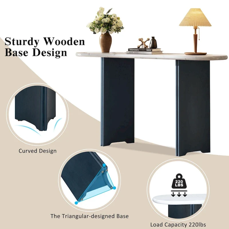 Oval Faux Marble Top Console Table Entryway Table, Narrow Sofa Table Hallway Accent Table with Triangular Base