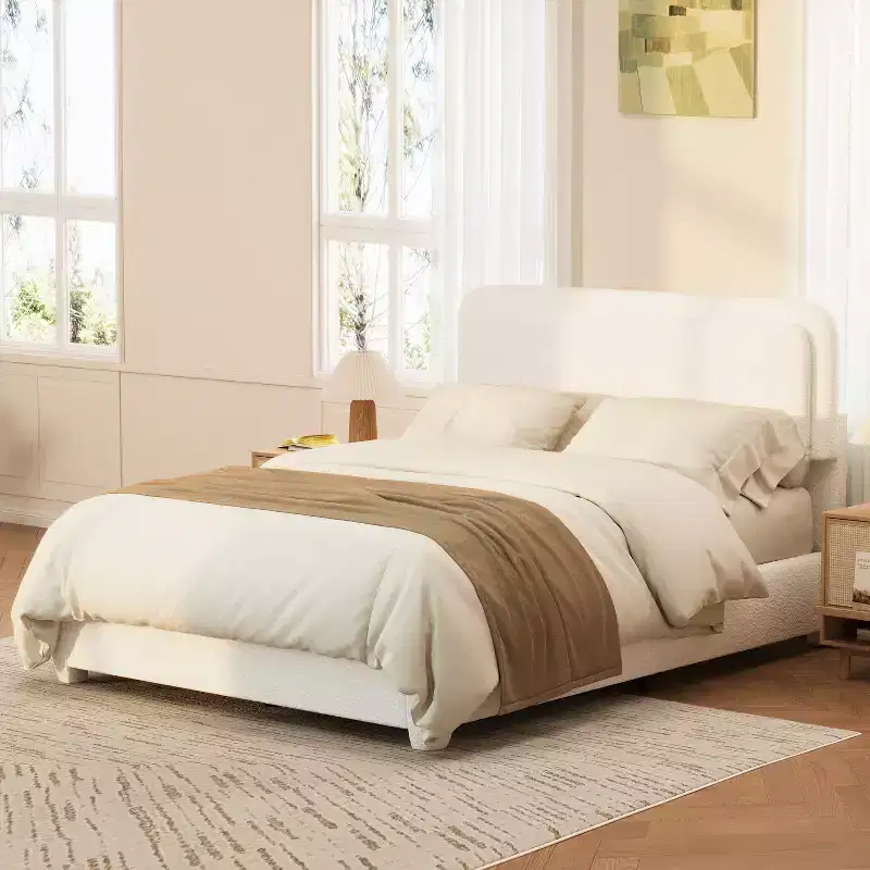 Modern Boucle Upholstered Platform Bed with Adjustable Curved Headboard