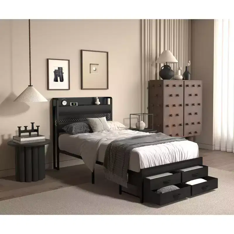 Okak Twin Size Wooden Platform Bed with Storage Compartment & Headboard,Modern Small Bed Frame for Bedroom,Kids Room