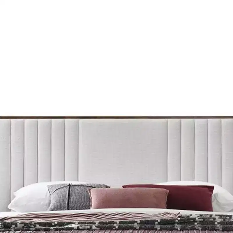 Eastern King Platform Bed, Beige Chenille Upholstery, Walnut Finish, Tufted Headboard