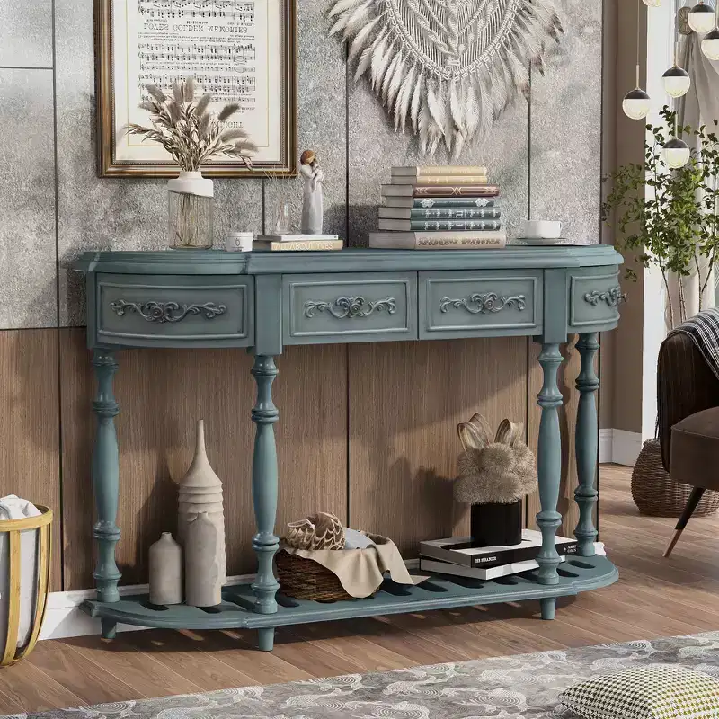 Retro Wood Curved Console Table, Half Moon Hall Entryway Table with Drawers & Shelf for Living Room, 52''