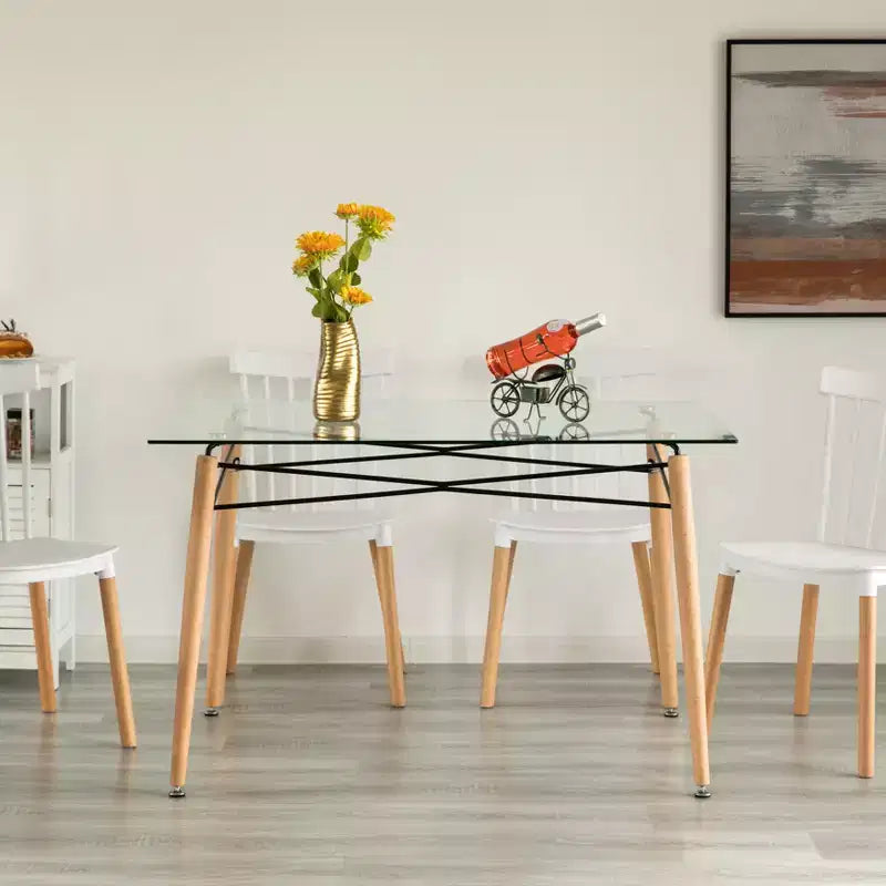 Rectangle Clear Tempered Glass Dining Table - Mid-Century, Solid Wood Legs, Seats 4-6