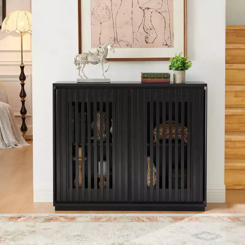 Black / Walnut Brown Mid Century Sideboard Cabinet with 2 Slatted Doors & 2 Shelves, for 1 Person