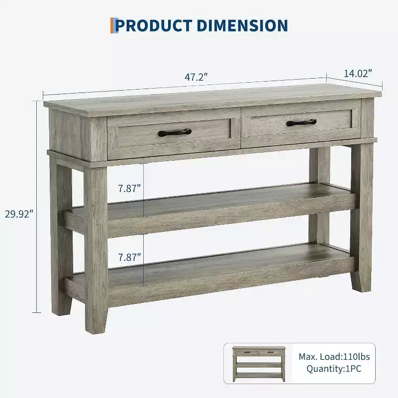 47.2 2 Tier Entryway Console Table with 2 Storage Drawers, 3 Tier Farmhouse Wooden Sofa Table, for Entryway, Living Room