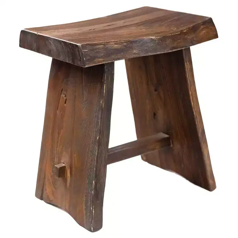 Nordic Teak Rustic Shower and Bath Stool with Curved Seat - Brown