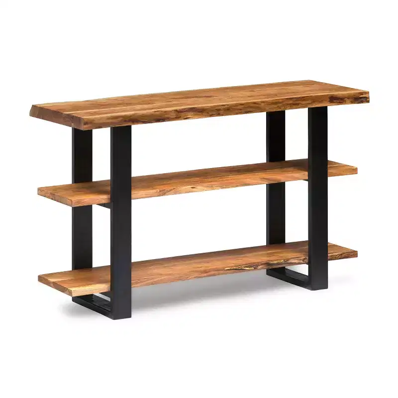 Alpine Live Edge Wood Media Console Table Natural: Acacia, Metal Legs, Rectangular