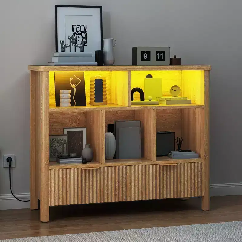 5 Cube Bookcase with LED Light Modern 3 Tier Bookshelf with Drawers for Home Office