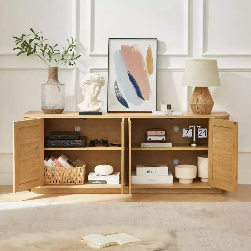 24/31.5H Wave Shaped Buffet Sideboard, TV Stand, Rounded Corner Cabinet with Wood Vertical Striped Rattan Doors, Natural - ModernLuxe