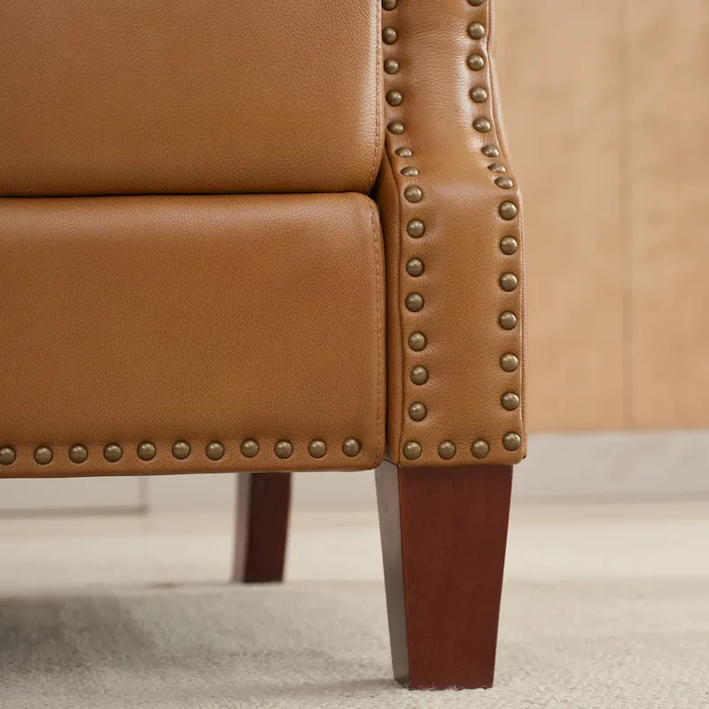 Genuine Leather Pushback Recliner with Multi-Angle Seat Back and Solid Wood Legs