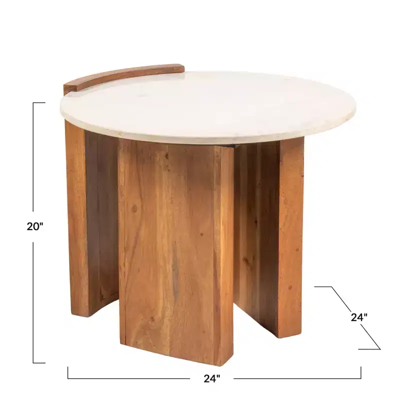 Storied Home Round Marble and Mango Wood Semi-Enclosed Side Table in Natural Finish