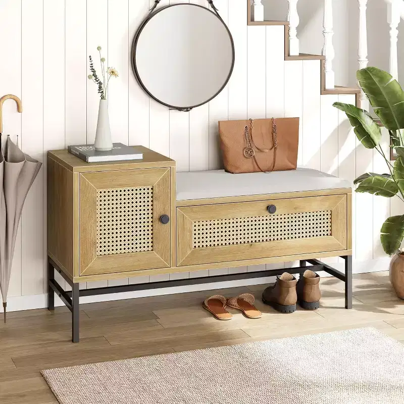Shoe Bench, Entryway Bench  Rattan Storage Bench with Flip Drawer Natural Oak for Hallway/Bedroom
