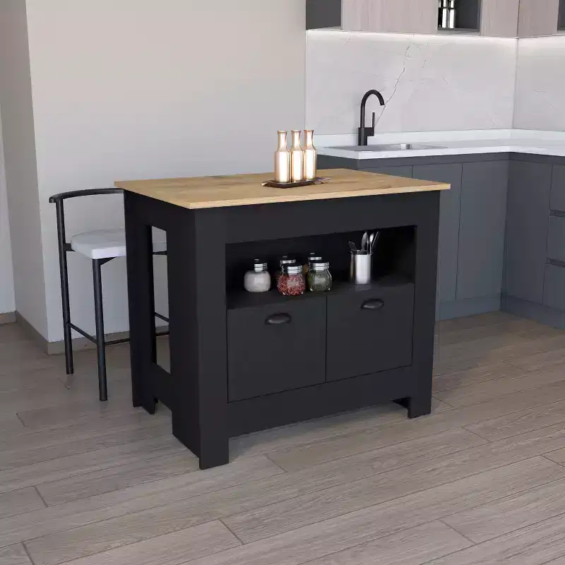 Minimalism Kitchen Island with Ample Storage, Kitchen Island Table with 2 Doors and 3 Shelves, Countertop Organizer for Dining Room