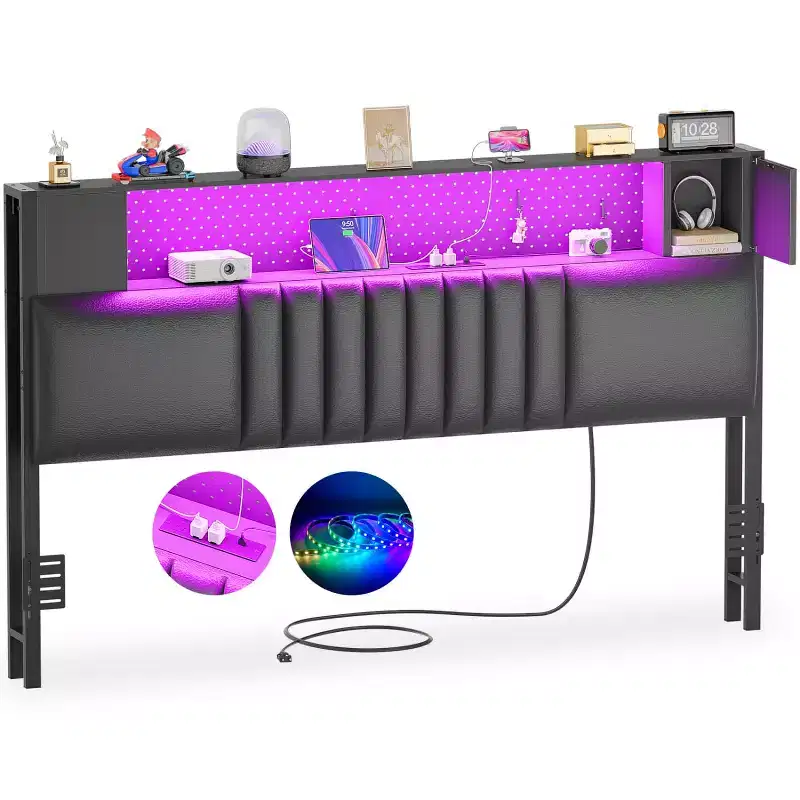 Besiost Storage Headboard with Charging Station and LED Light